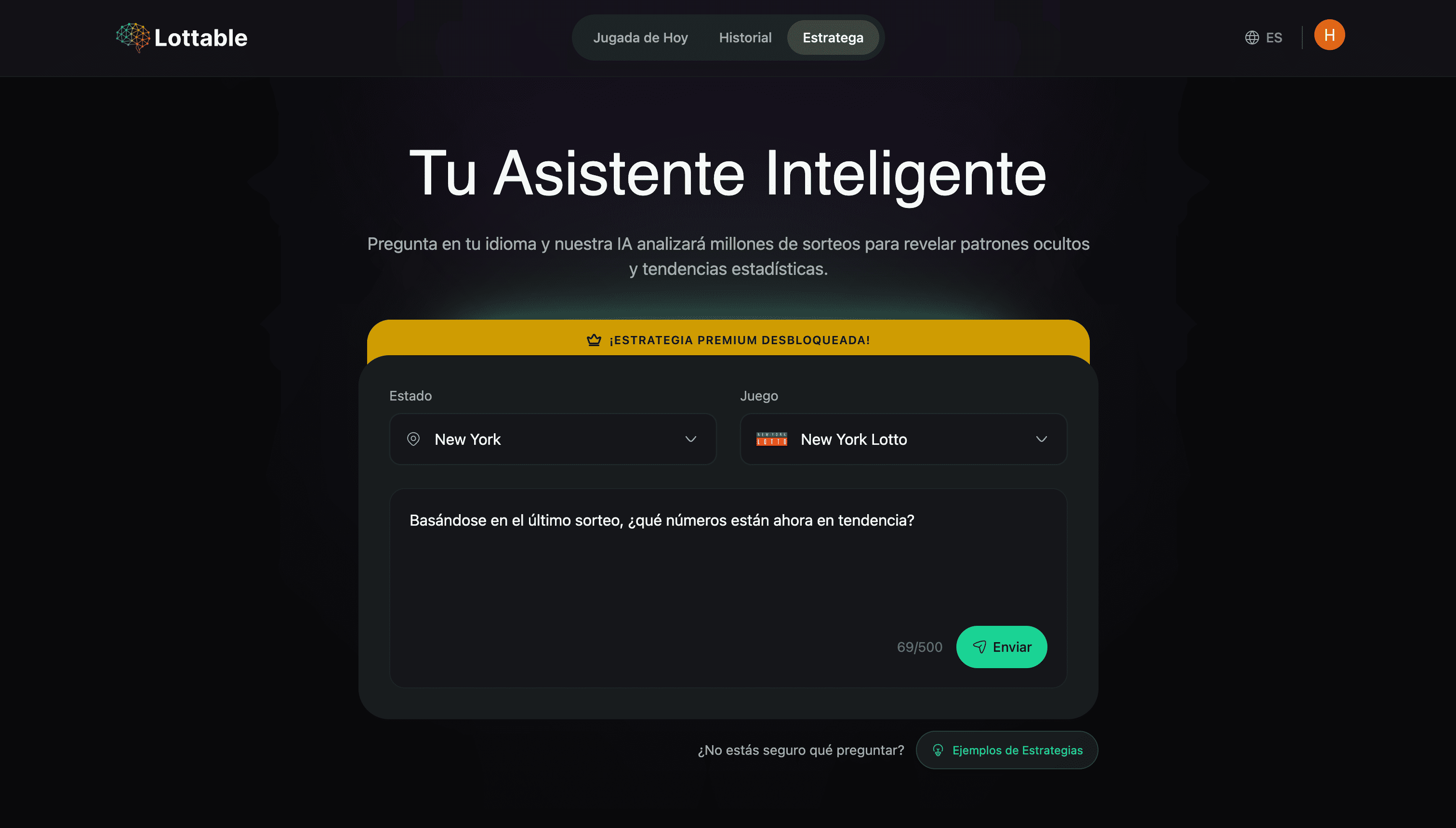 Asistente de Lottable mostrando análisis de frecuencias de lotería en español